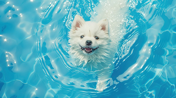 创意萨摩耶一只小狗在泳池游泳动物宠物摄影配图