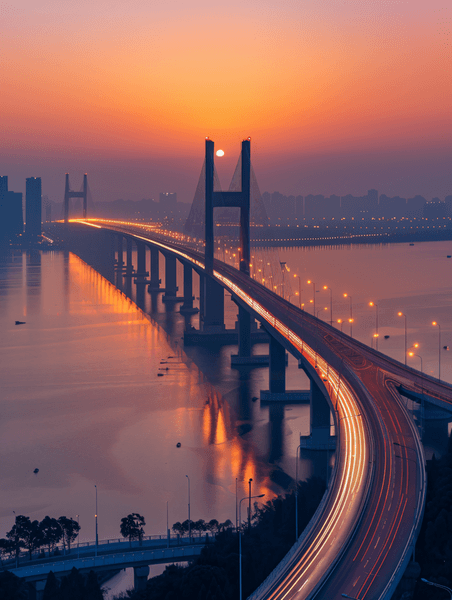 创意夕阳晚霞下的武汉鹦鹉洲大桥夜景