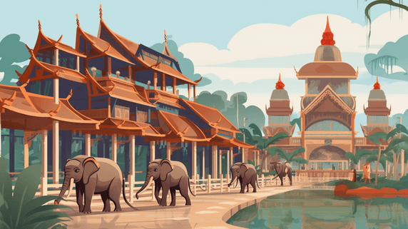 创意扁平风泰国建筑大象插画泰姬陵