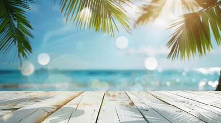 创意清新夏天夏季木桌产品展示唯美户外风景海水树木木板的背景