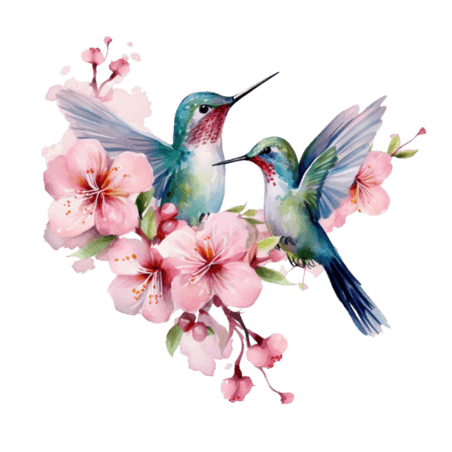创意水彩花朵植物鸟类桃花元素免抠图案