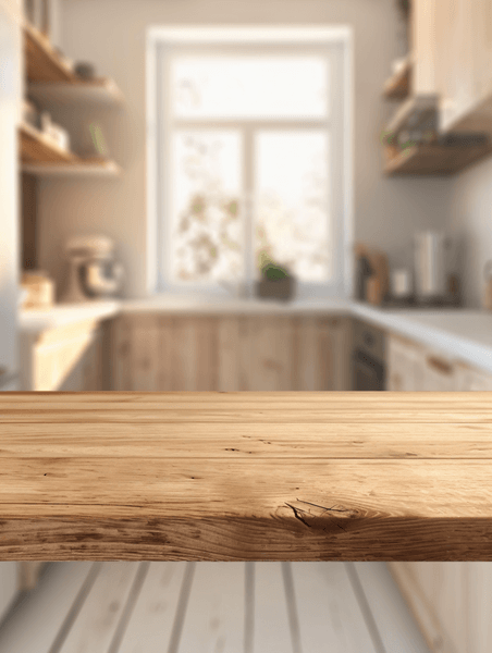 创意空的木桌和模糊的厨房桌面产品展示背景