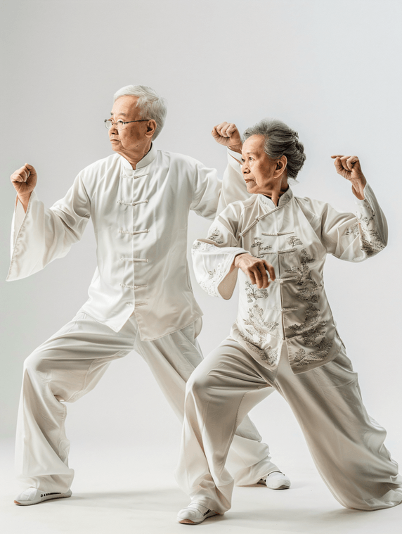 创意亚洲人老年夫妇正在练太极拳体育运动人物