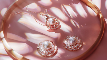 粉色浪漫珠宝创意珍珠的项链和耳环照片