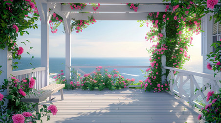 创意唯美海边花朵凉亭的空境窗台海边大海风景