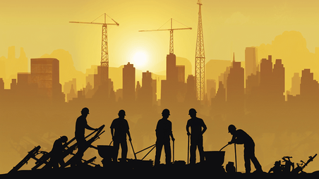 创意城市建筑工地工人工作剪影五一劳动节黄色工程背景