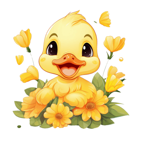 小黄鸭卡通动物童话拟人花朵元素免抠图案