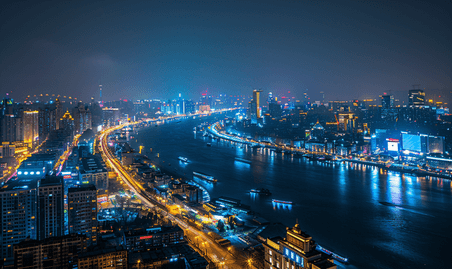 创意俯瞰上海五角场的夜景城市都市商务建筑风景