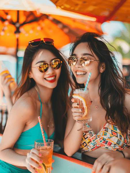 创意亚洲人青年朋友在酒吧喝酒人物旅游度假海岛美女高兴开心