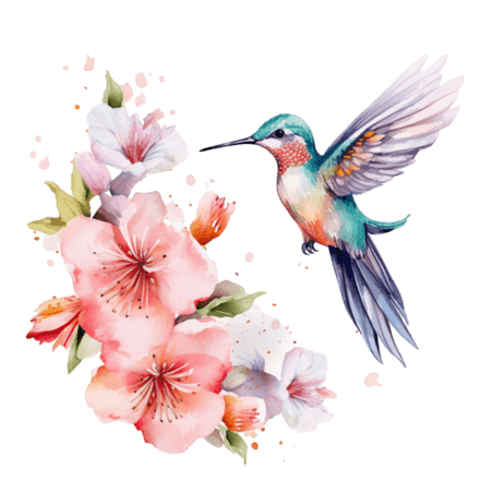 创意鸟类桃花水彩粉色浪漫玫瑰蜂鸟元素免抠图案