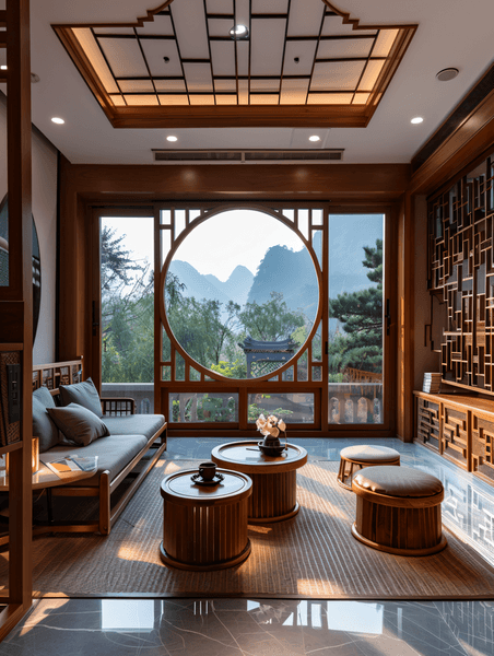 创意莫干山民宿酒店内景中国风新中式茶室