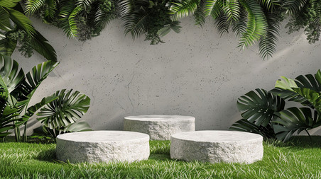 绿色春天植物立体展台圆石展台合成创意素材背景