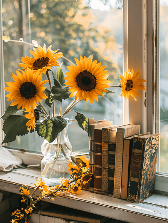 文艺清新放在窗台上的向日葵和书阅读