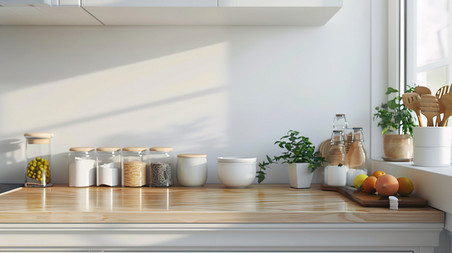 创意白色厨房调料摆放的温馨桌面产品高清摄影图