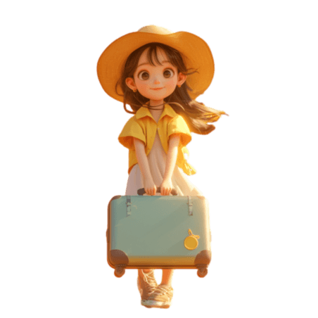 春天拖着行李箱旅游的女孩3D形象