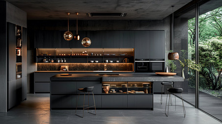 创意高端现代化深灰色开放厨房橱柜照片