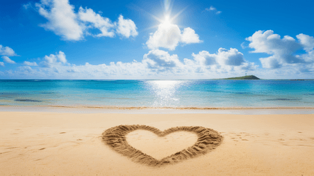 创意情人节场景海边沙滩上的爱心夏天夏季大海设计