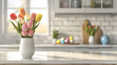 创意白色厨房桌面上花瓶花朵的温馨桌面简约产品展示背景摄影
