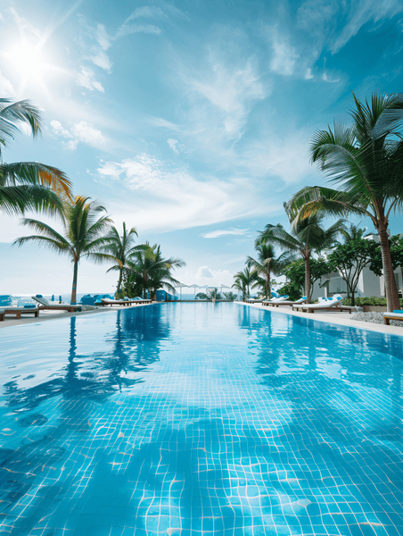 创意酒店泳池夏天夏季海南三亚大海椰子树全景图摄影图