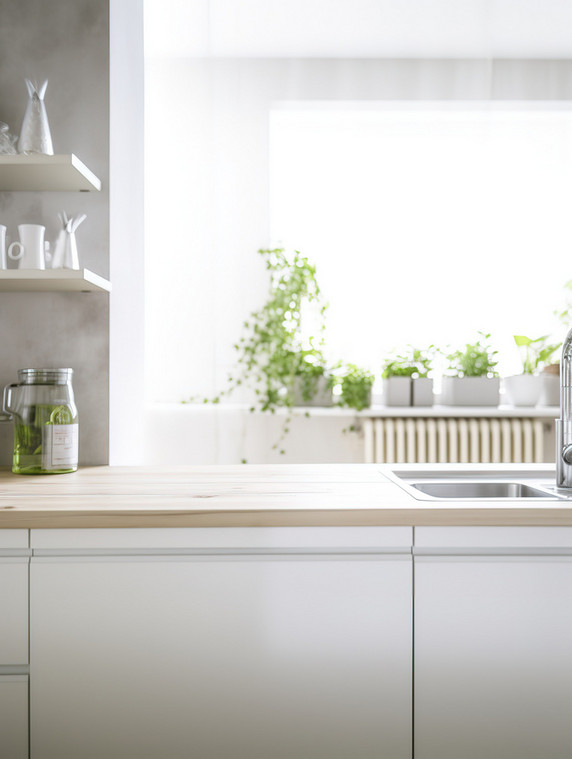 创意干净的厨房绿植白色色调干净明亮桌子产品摄影背景