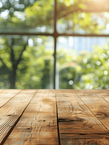 创意窗幕抽象模糊背景的空木桌顶部用于产品显示桌子