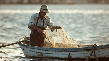 创意小船渔民描绘摄影农业捕捞职业人物照片