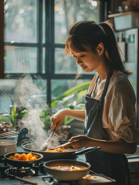 创意亚洲人青年女人在厨房煲汤做饭烧菜亚洲人物