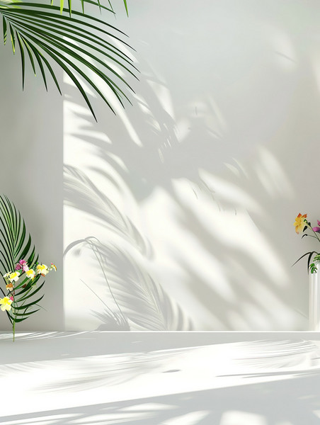 白色清新光影夏天展台房间鲜花和棕榈叶的影子背景素材