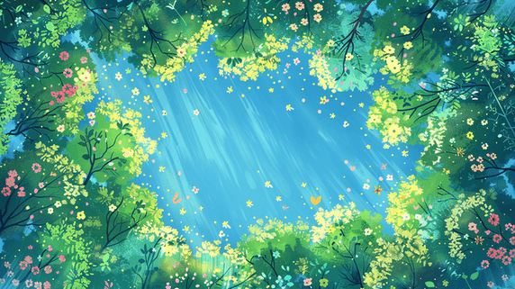 创意蓝色缤纷梦幻森林树木花草的背景