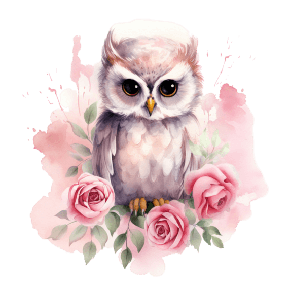 水彩粉色浪漫玫瑰猫头鹰鲜花元素免抠图案