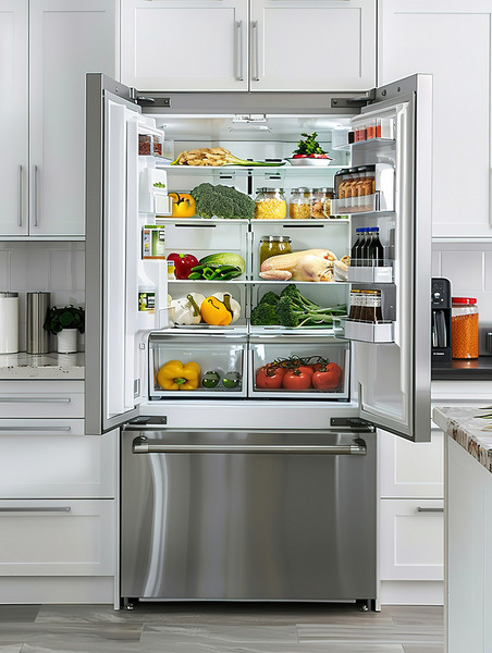 创意现代厨房双开门冰箱摄影配图