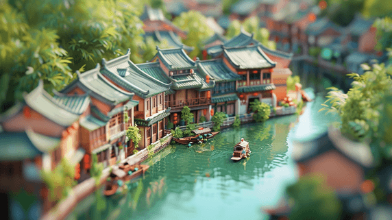 创意彩色清新江南建筑水乡小船的旅游微景观