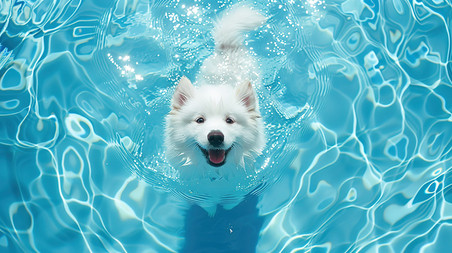 创意一只小狗在泳池游泳动物宠物萨摩耶照片