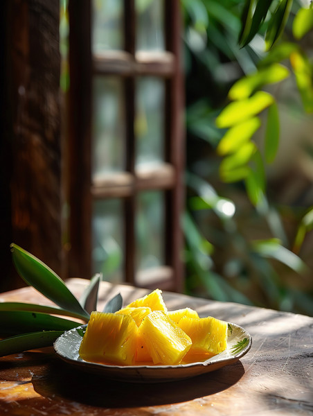 创意生鲜摆盘一盘切块的菠萝水果高清摄影图