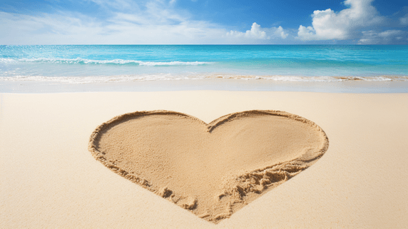 创意情人节夏天夏季大海场景海边沙滩上的爱心背景素材