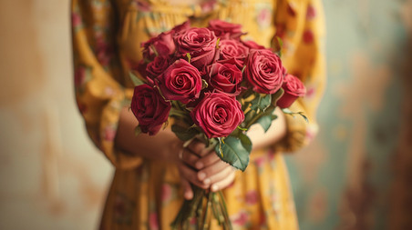 创意女士手拿一束红玫瑰浪漫唯美文艺
