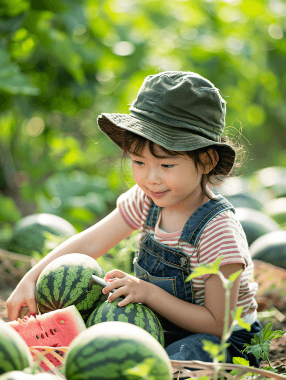 夏天夏季西瓜地里摘西瓜的水果人物小孩儿童