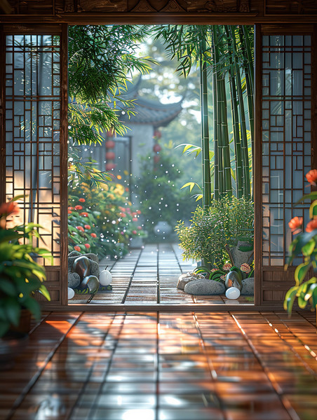 中式庭院清新春天植物装修木雕门框摄影配图