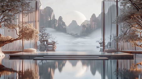 古风新中式中国风庭院优雅意境展台合成创意素材背景