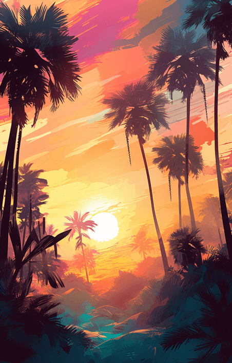 创意夏日夏天夏季夕阳雨林椰子树海南创意背景