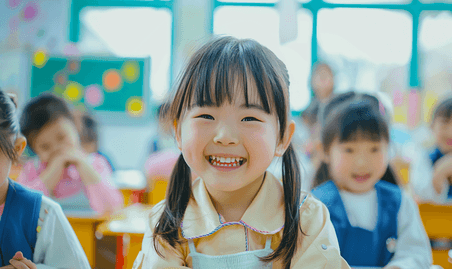 创意亚洲人可爱的小学生在教室里儿童节童年学习学生开心微笑