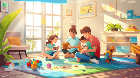 创意彩色儿童节团聚家庭唯美风格室内一家人温馨的插画