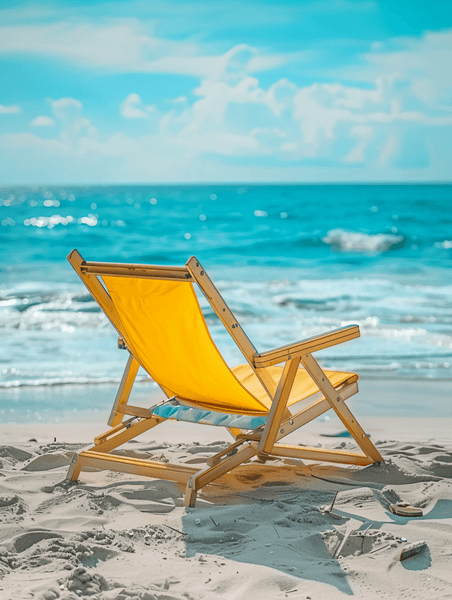 蓝色清新旅游大海海边沙滩椅下午儿童沙滩椅沙滩度假摄影图