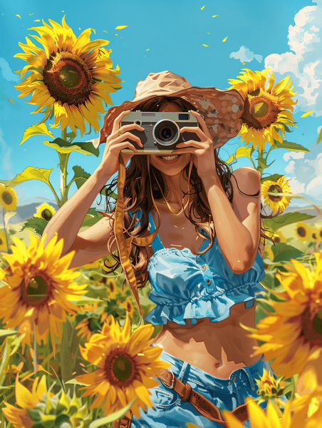 创意向日葵里正在拍照的女孩旅游风景美女