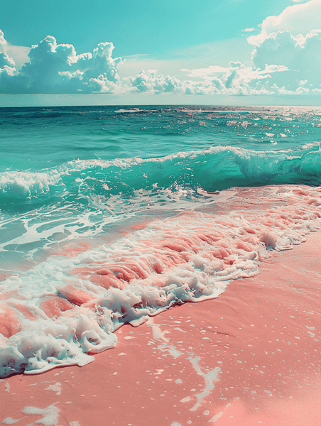 创意大海海浪粉色海浪和沙滩摄影图