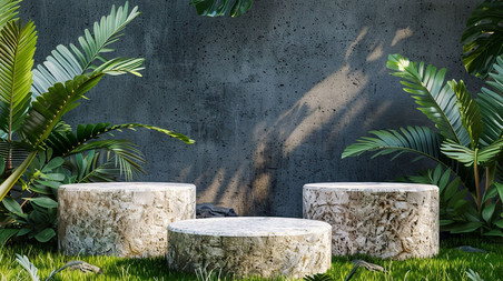创意圆石展台合成创意绿色春天植物立体展素材背景