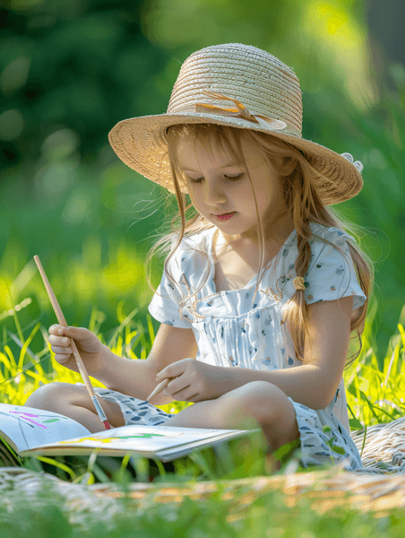 创意儿童美术教育培训小女孩户外草坪写生画画摄影图
