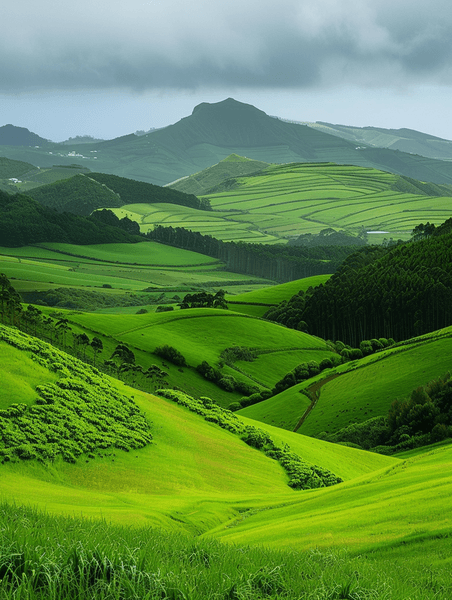 创意圣米格尔岛令人惊叹的绿色草地和山丘草原牧场风景