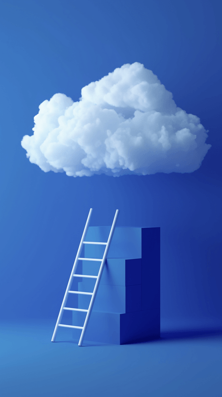 创意蓝色电商楼梯抽象云朵概念场景白云和梯子设计图