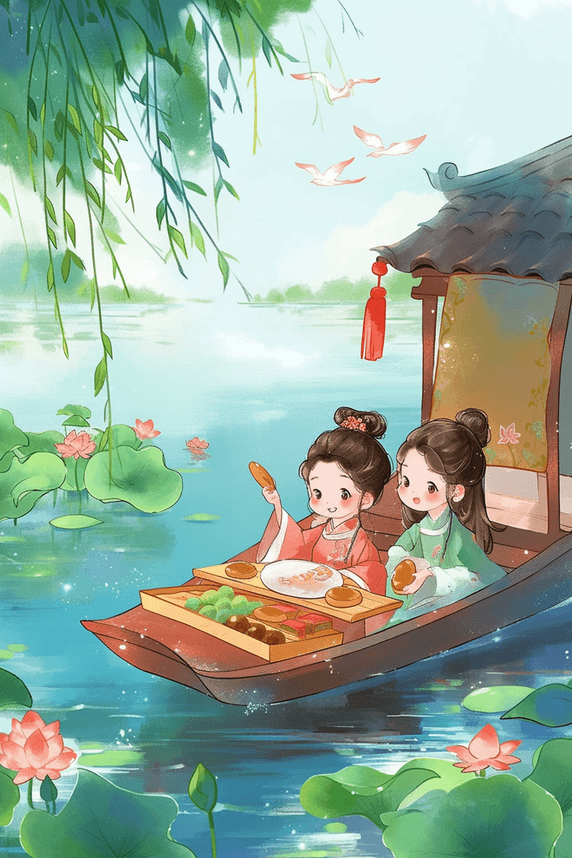 创意手绘端午节划船唯美国风海报矢量插画